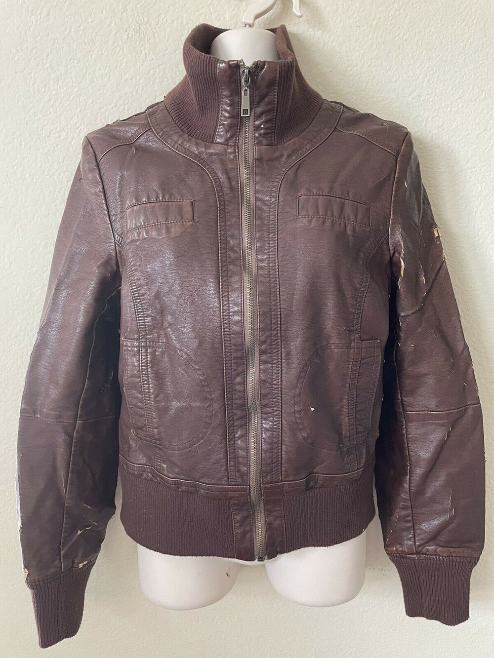 Catwalk Brown Distressed Faux Leather Ribbed Trim Zip Up Cosplay Jacket Size M
